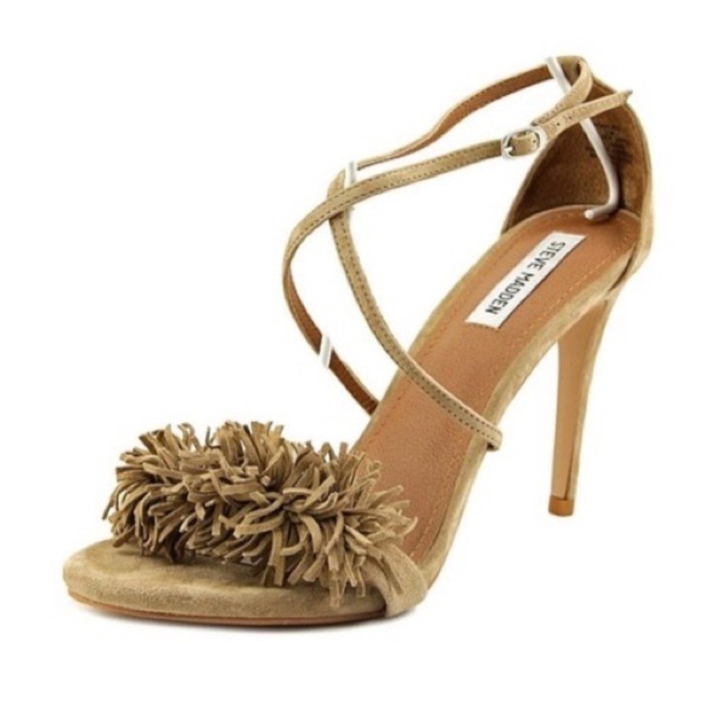 $9! Steve Madden Francelli tan/beige strappy suede heels with fringe detail